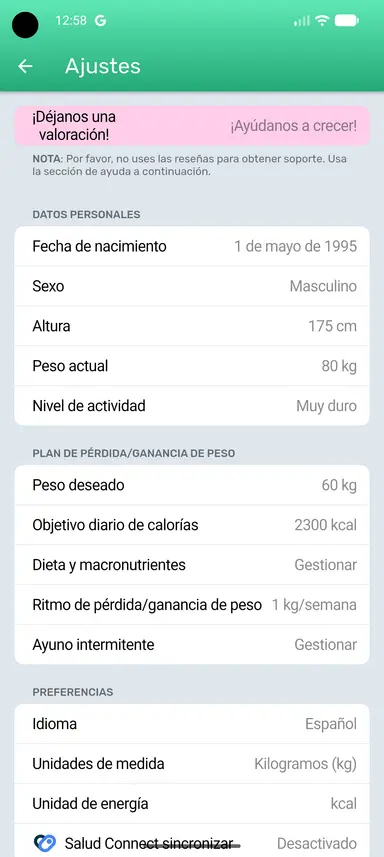 Botón de Ayuno Intermitente en la página de Ajustes