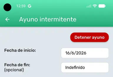 Detener el ayuno en la página de ajustes de Ayuno Intermitente.