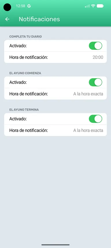 Página de ajustes de notificaciones